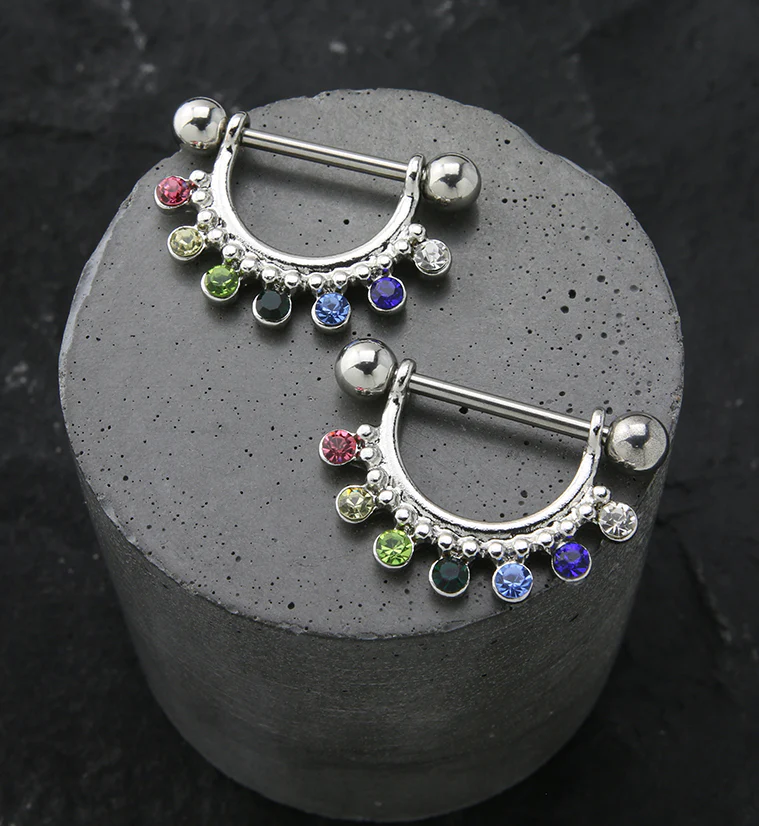 Rainbow CZ Beads Nipple Ring Barbell - Image 2