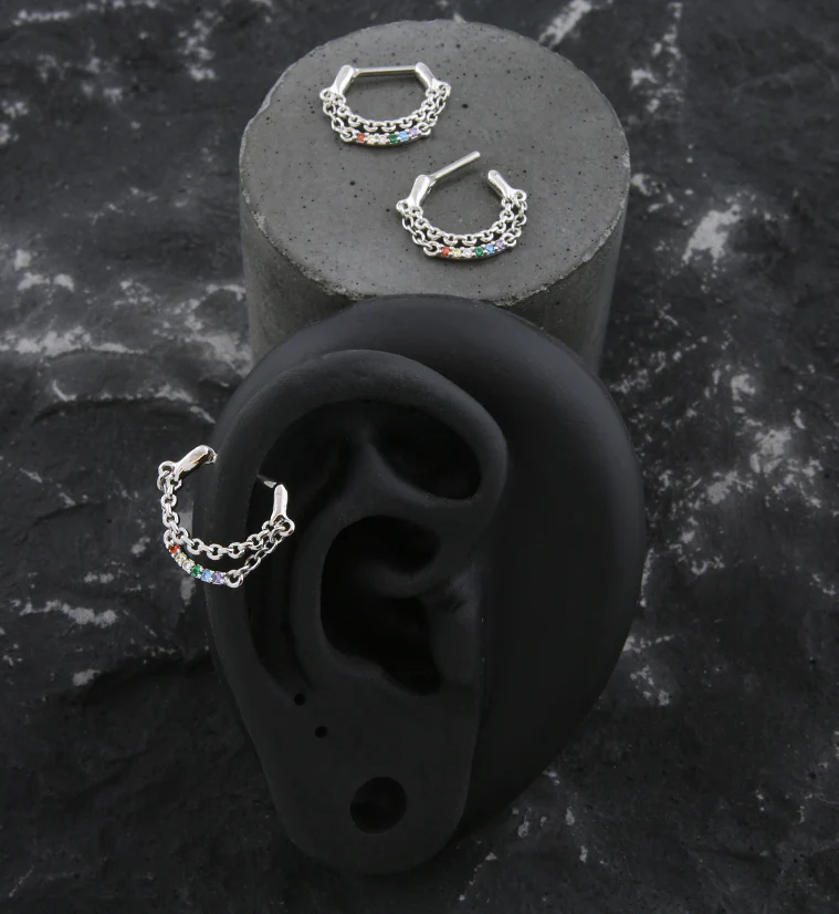Rainbow CZ Dangle Chain Stainless Steel Hinged Segment Ring - Image 2