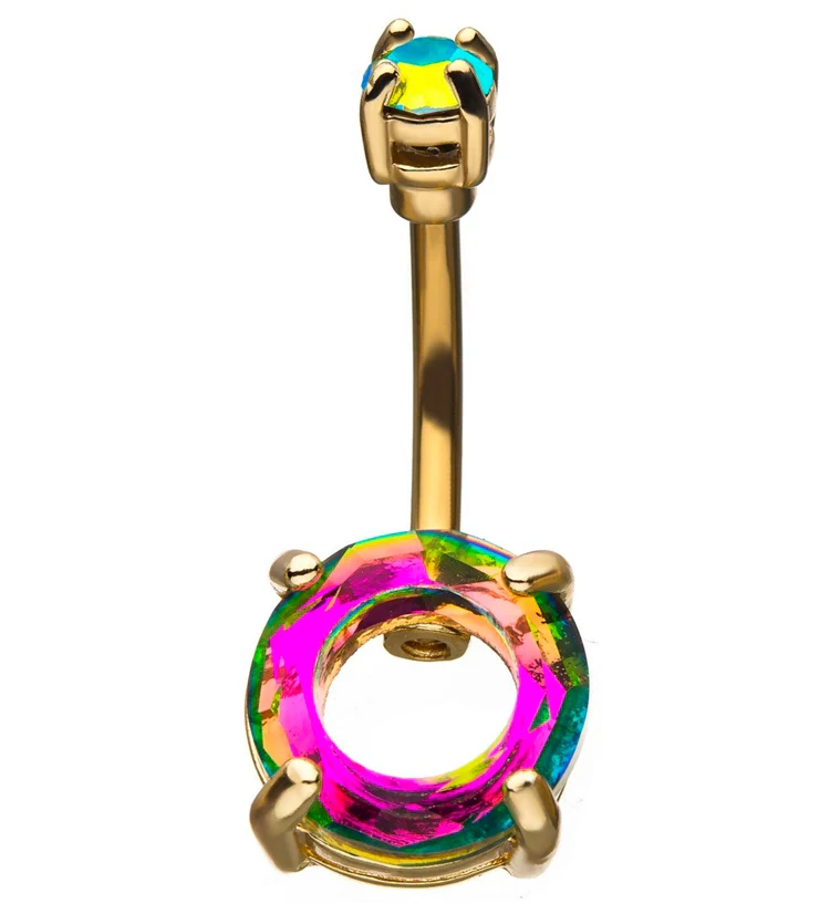 Rainbow Halo CZ Gold Belly Ring