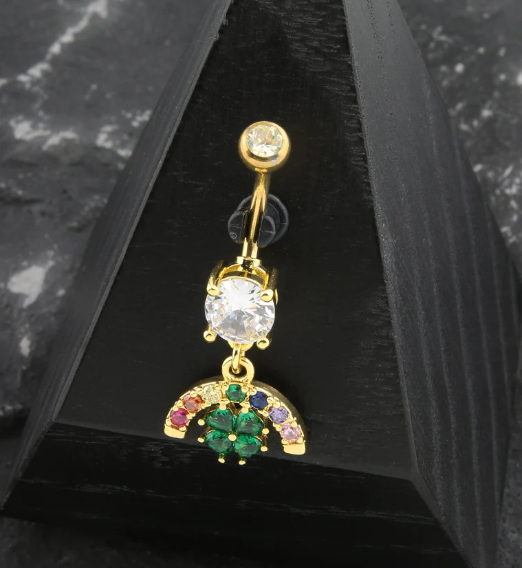Rainbow Lucky Clover CZ Dangle Stainless Steel Belly Button Ring - Image 2