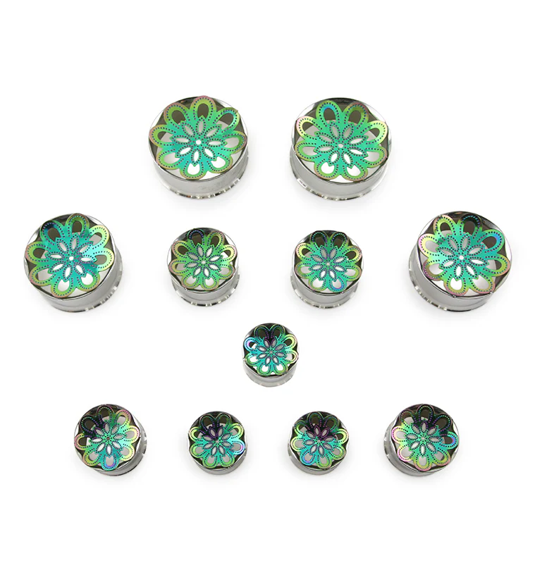 Rainbow Mandala Flower Steel Tunnel Plugs - Image 2
