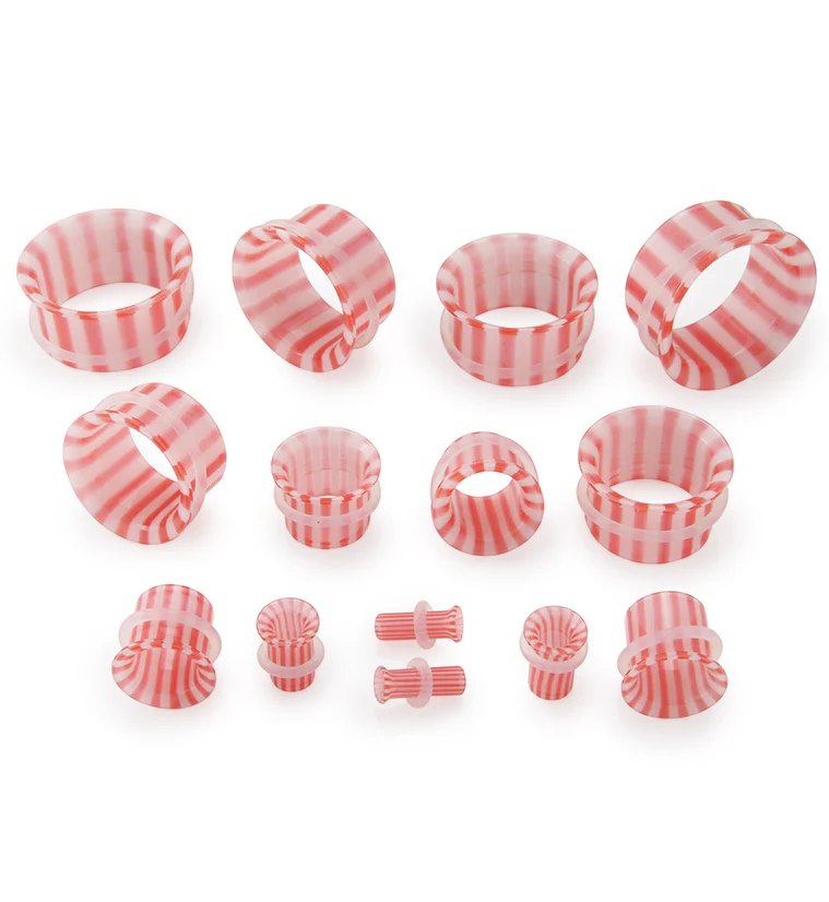 Red And White Striped Glass Single Flare Tunnels - Image 3