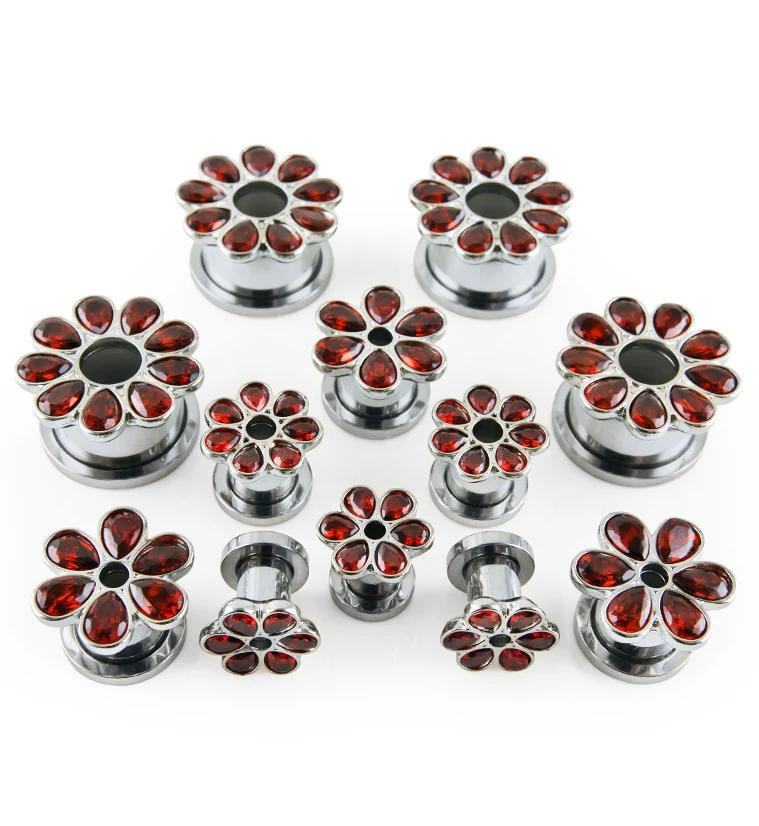 Red CZ Flower Petal Stainless Steel Tunnels - Image 2