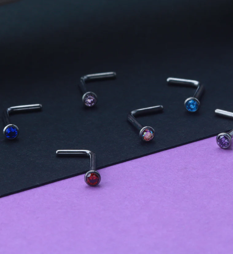 Red CZ Top L Bend Titanium Nose Ring - Image 3