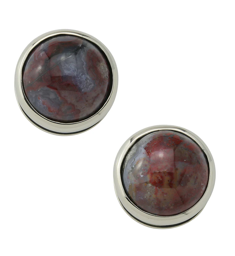 Red Moss Agate Stone Disk White Brass Ear Weights - Image 2
