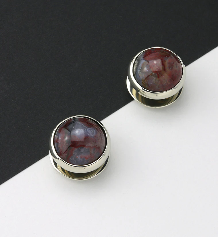 Red Moss Agate Stone Disk White Brass Ear Weights - Image 3