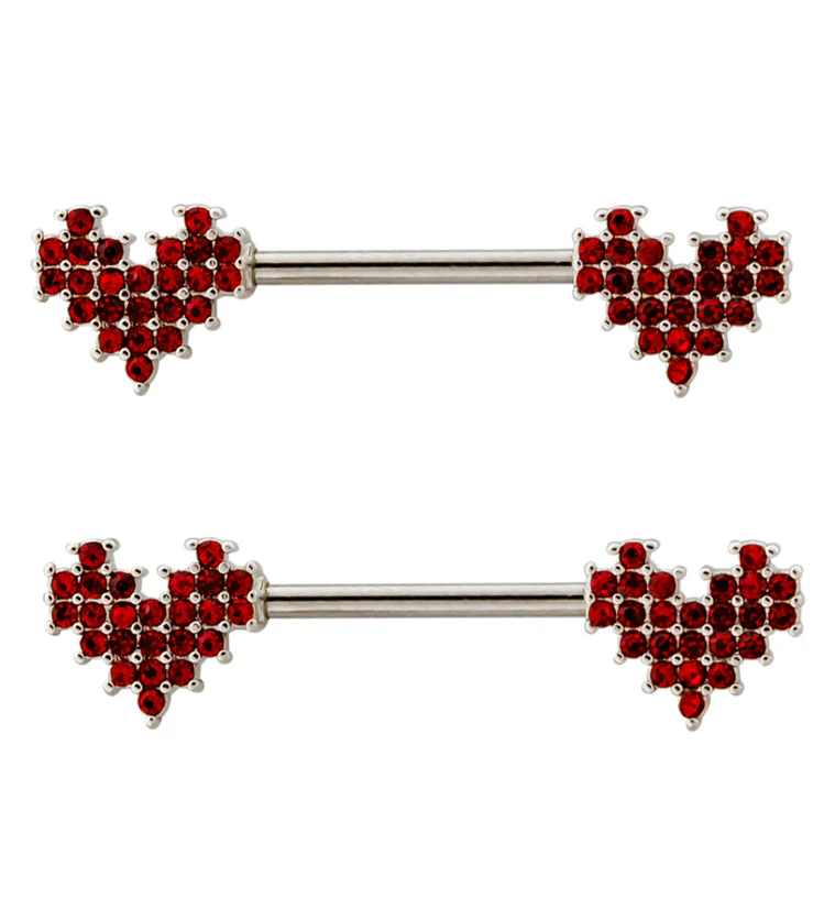 Red Pixel CZ Hearts Stainless Steel Nipple Barbell