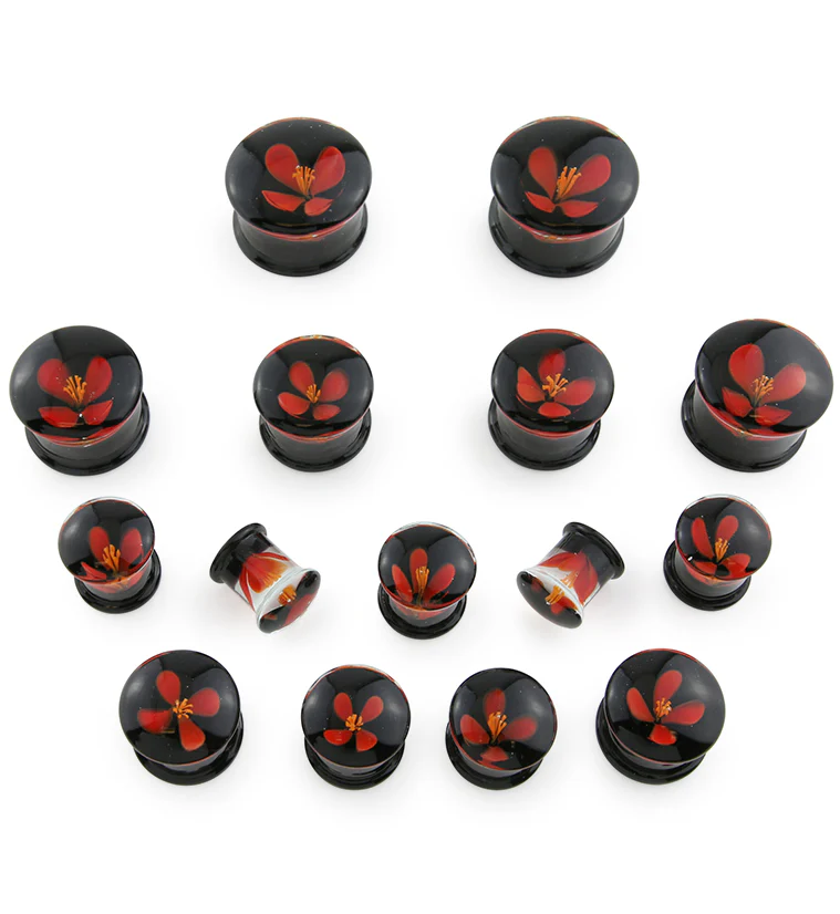Red Poppy Flower Black Glass Double Flare Plugs - Image 2