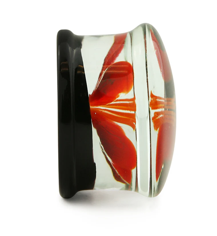 Red Poppy Flower Black Glass Double Flare Plugs - Image 4