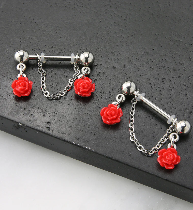 Red Rose Dangle Chain Stainless Steel Nipple Barbell - Image 2