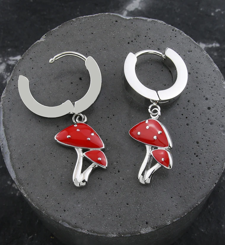 Red Spotted Mushroom Stainless Steel Hoop Huggie Earrings - Image 2