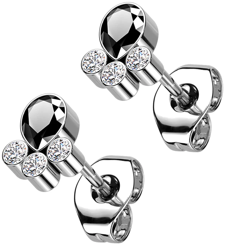 Black Teardrop Cluster CZ Titanium Threadless Earrings