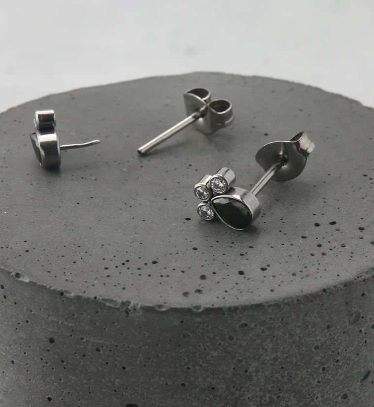 Black Teardrop Cluster CZ Titanium Threadless Earrings - Image 2