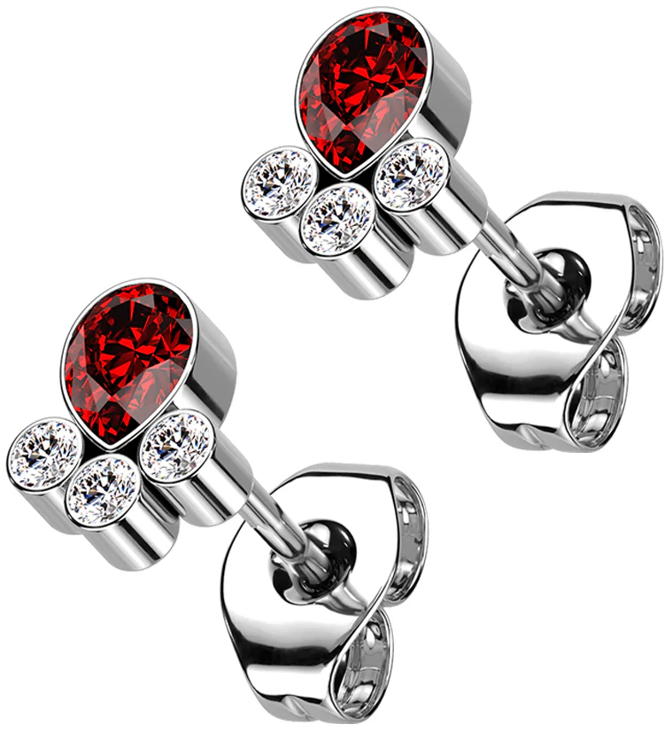 Red Teardrop Cluster CZ Titanium Threadless Earrings