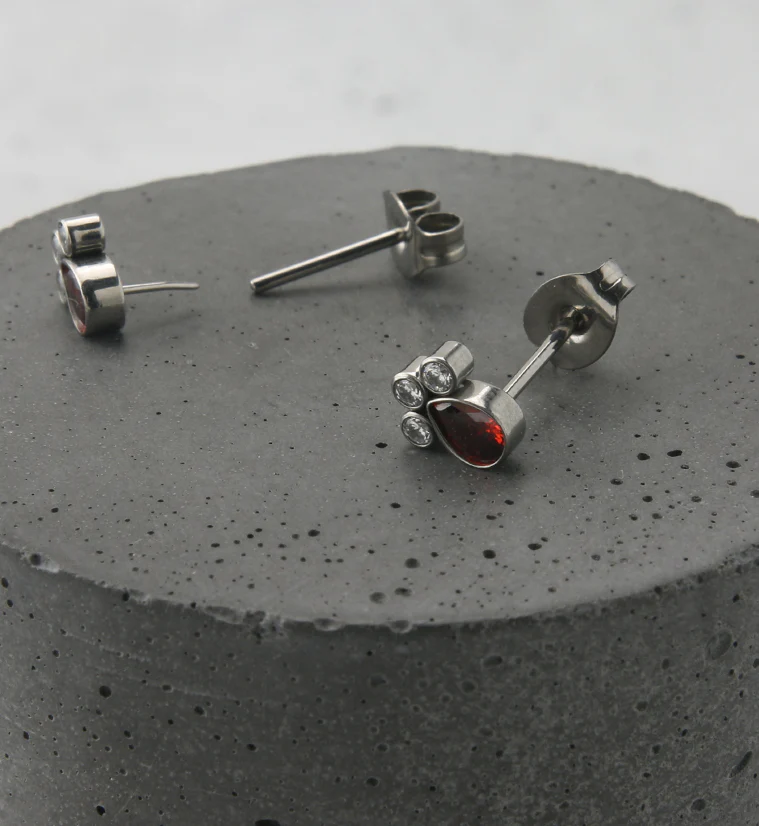 Red Teardrop Cluster CZ Titanium Threadless Earrings - Image 2