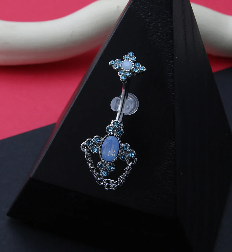 Regal Opalite Dangle Chain Aqua CZ Belly Button Ring - Image 2