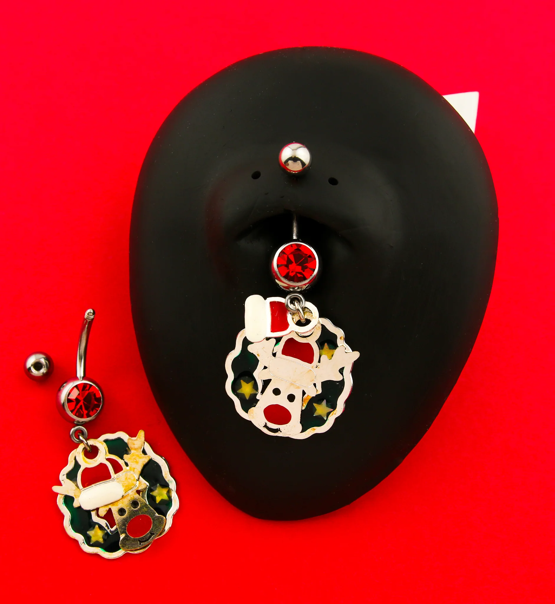 Reindeer Wreath Dangle Red CZ Stainless Steel Belly Button Ring - Image 2