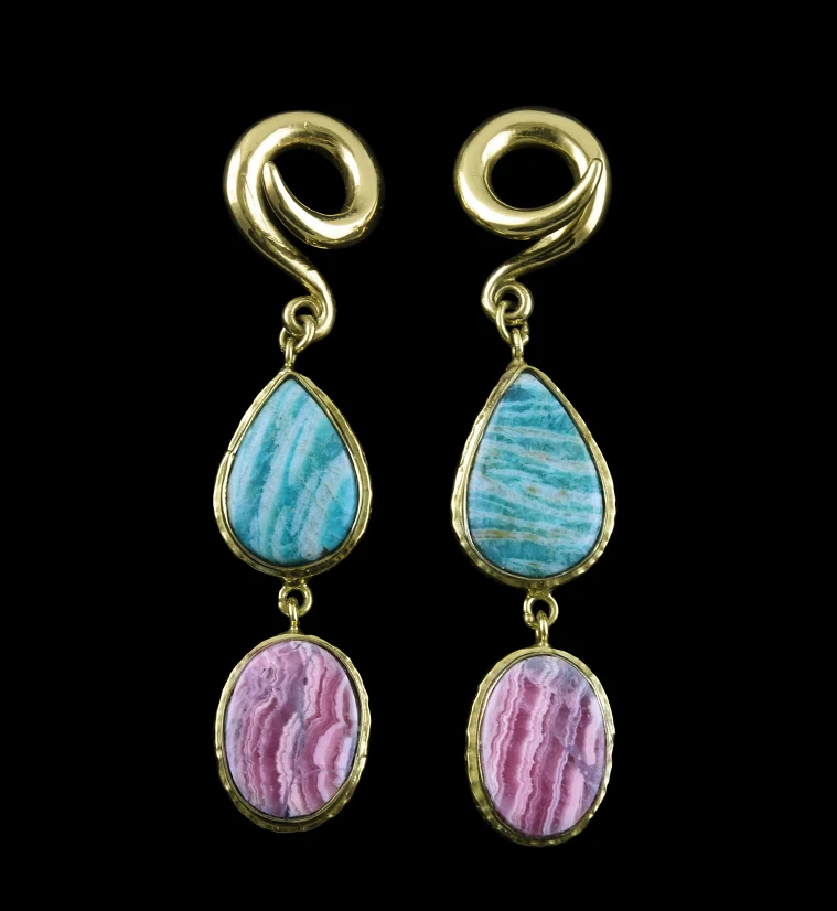 Rhodochrosite X Amazonite Stone Brass Ear Weights Version 2