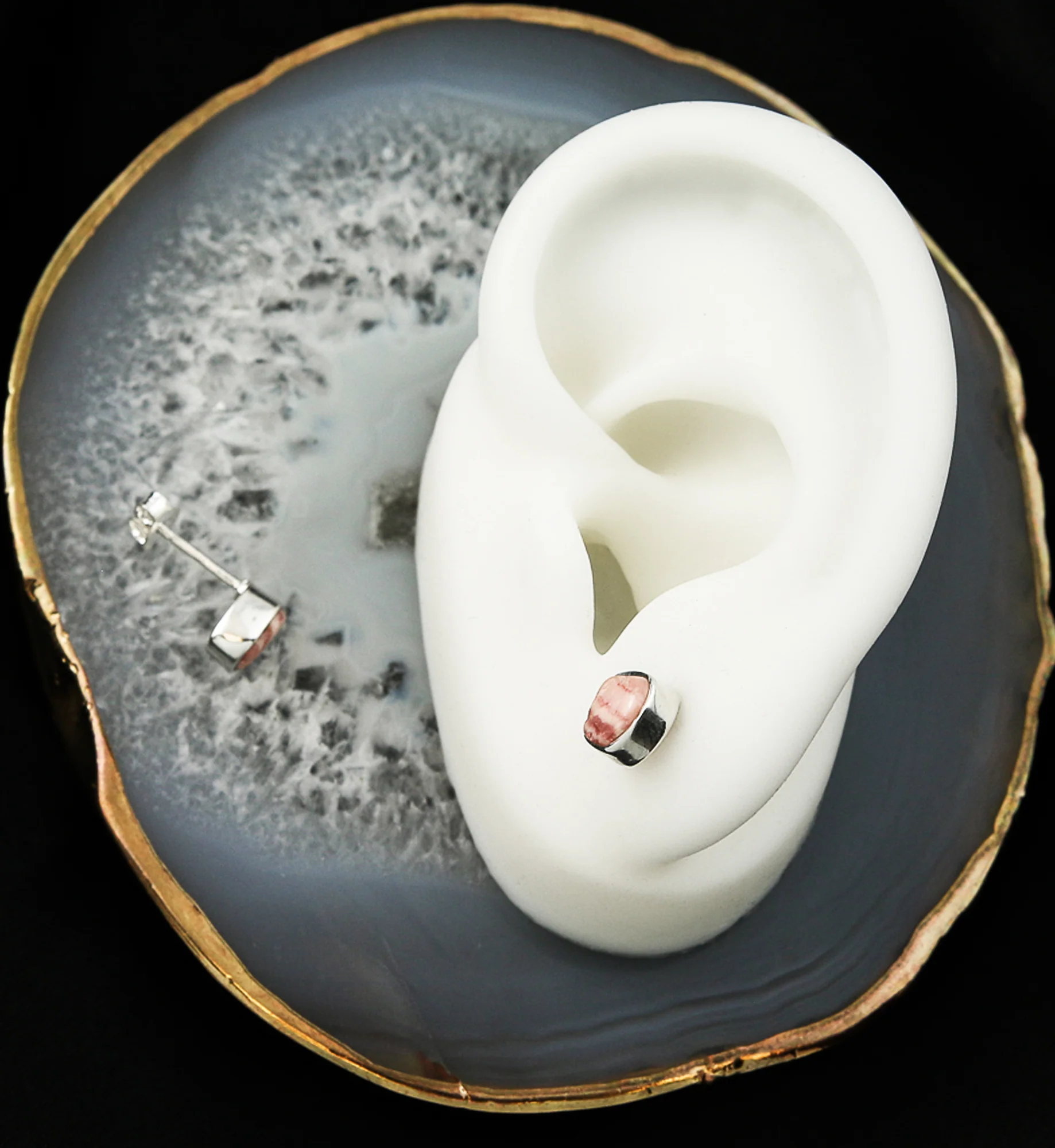 Rhodocrosite Stone Bezel Set Sterling Silver Earrings - Image 2
