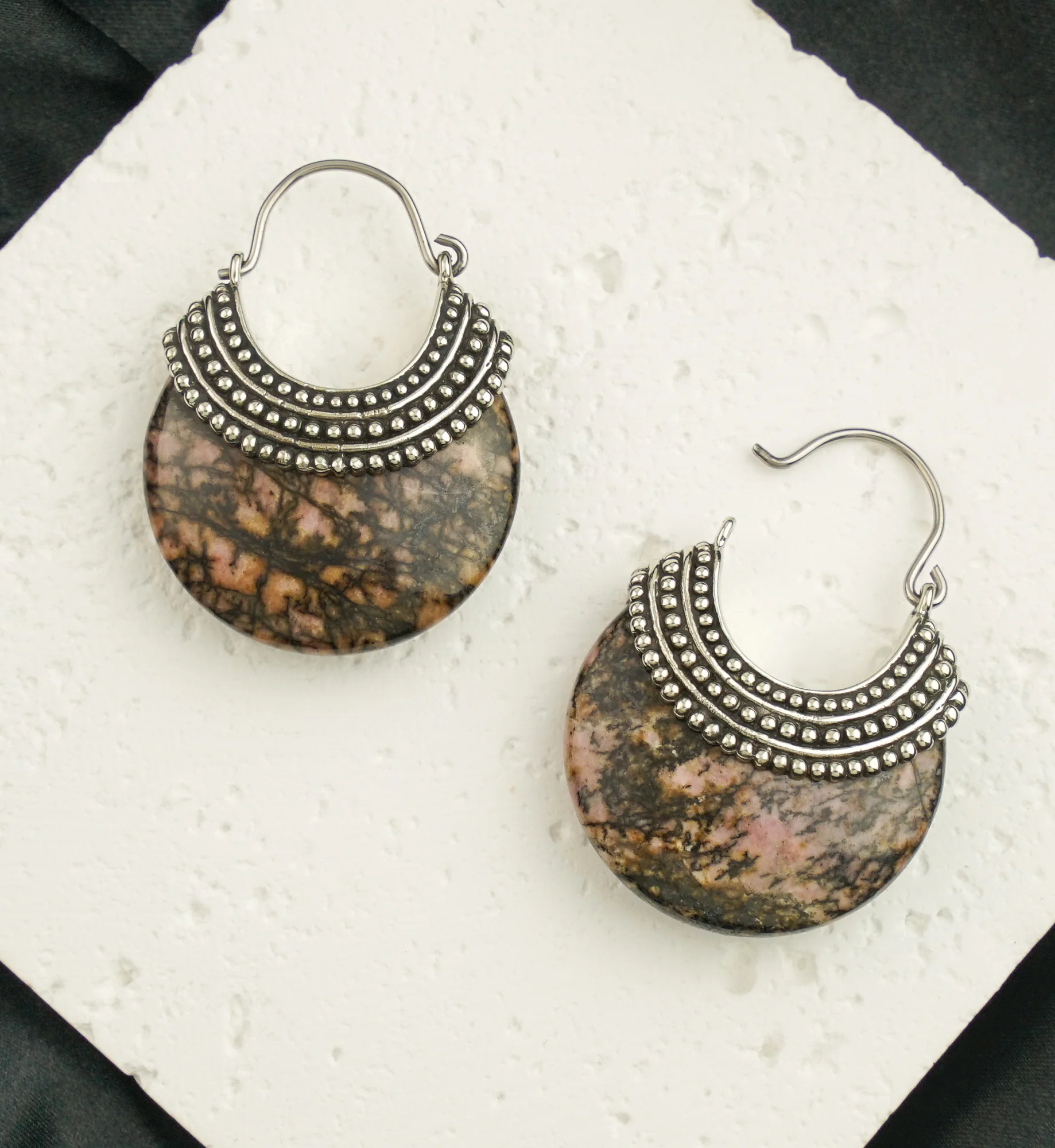 Rhodonite Beaded White Brass Stone Earrings - Image 2