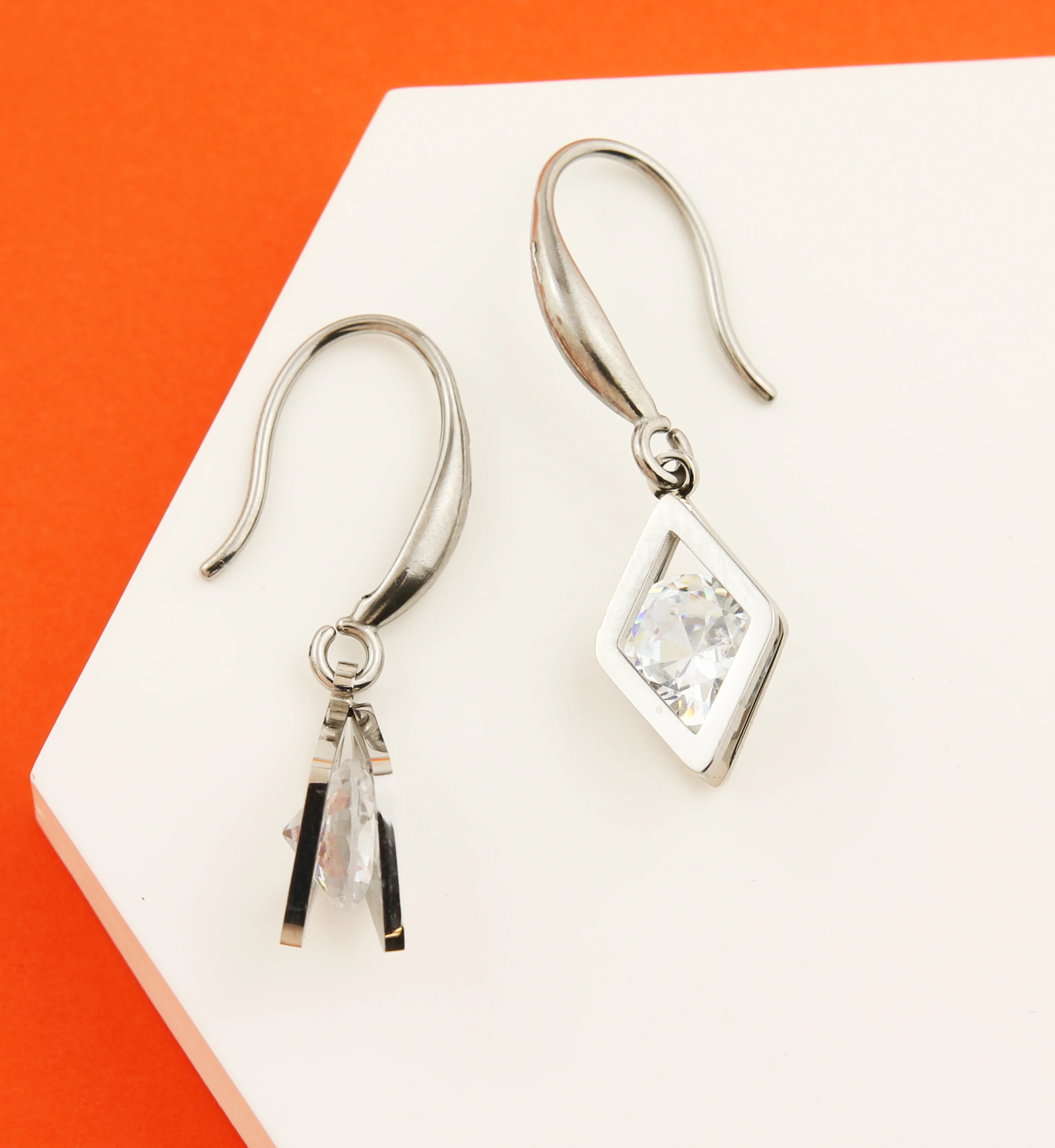 Rhombus Clear CZ Dangle Stainless Steel Earrings - Image 2