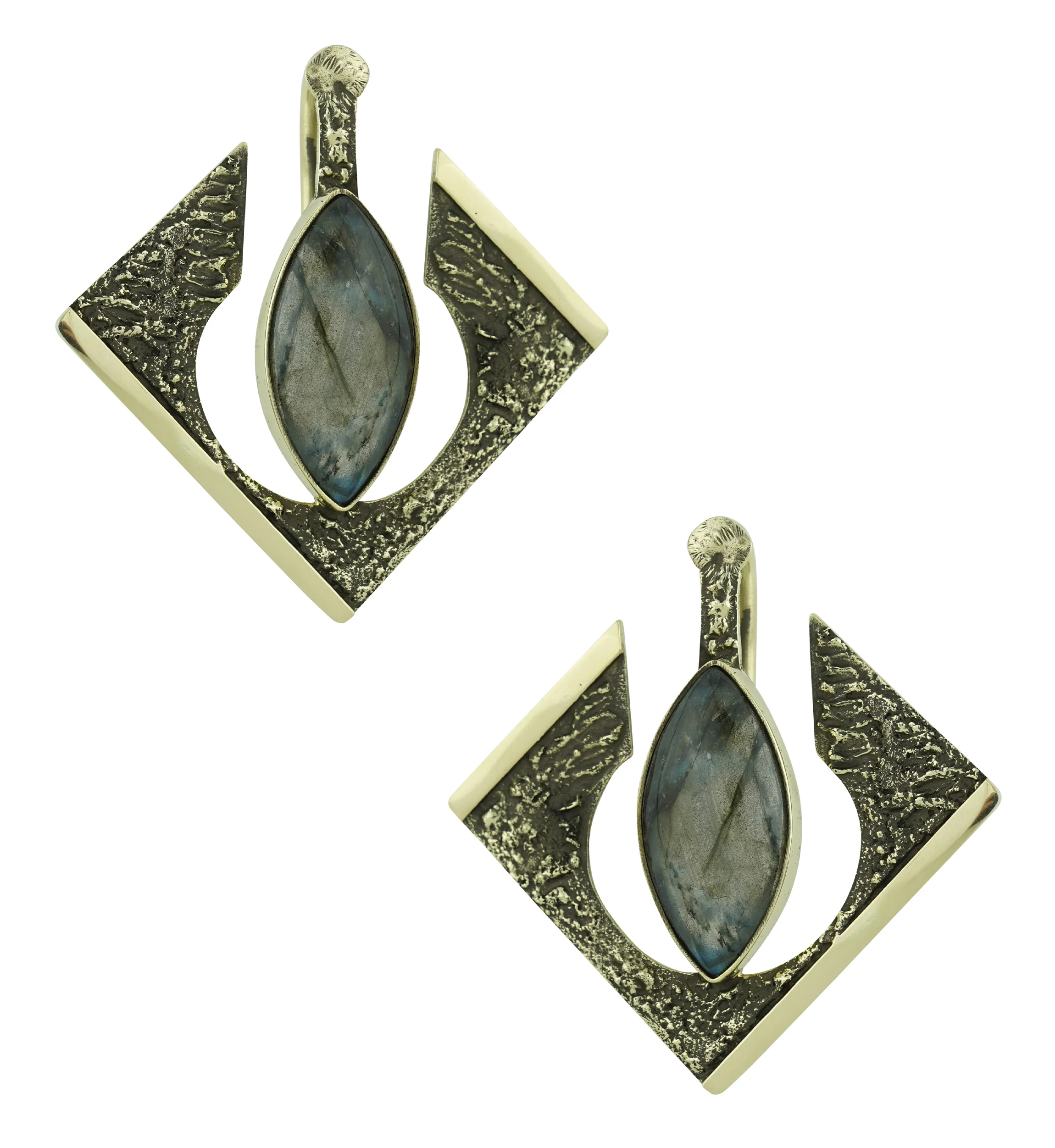 Rhombus Hammered Ellipse Labradorite Stone Inlay Brass Ear Weights - Image 5