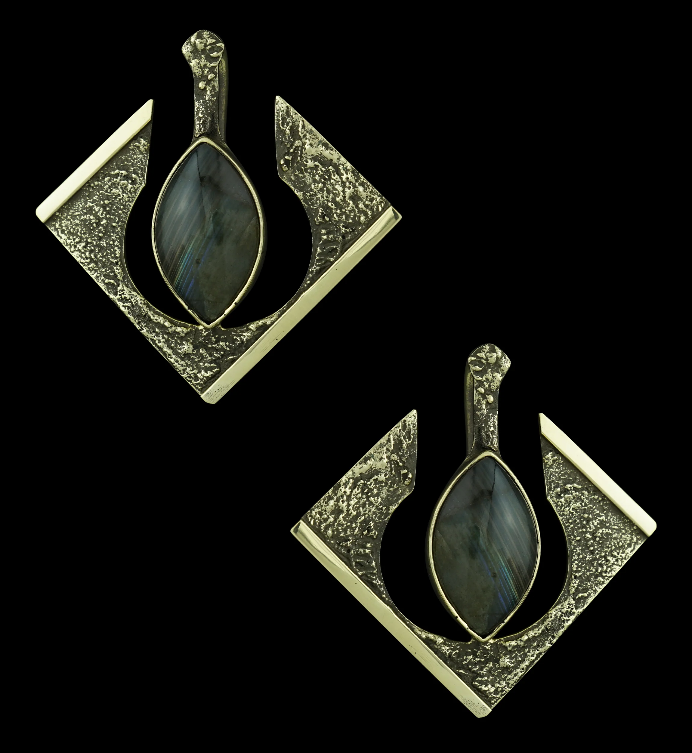 Rhombus Hammered Ellipse Labradorite Stone Inlay Brass Ear Weights - Image 6