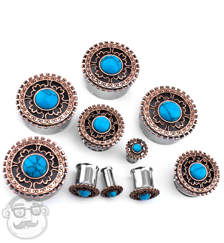 Rose Gold Lineal Top With Turquoise Inlay Steel Plugs - Image 3