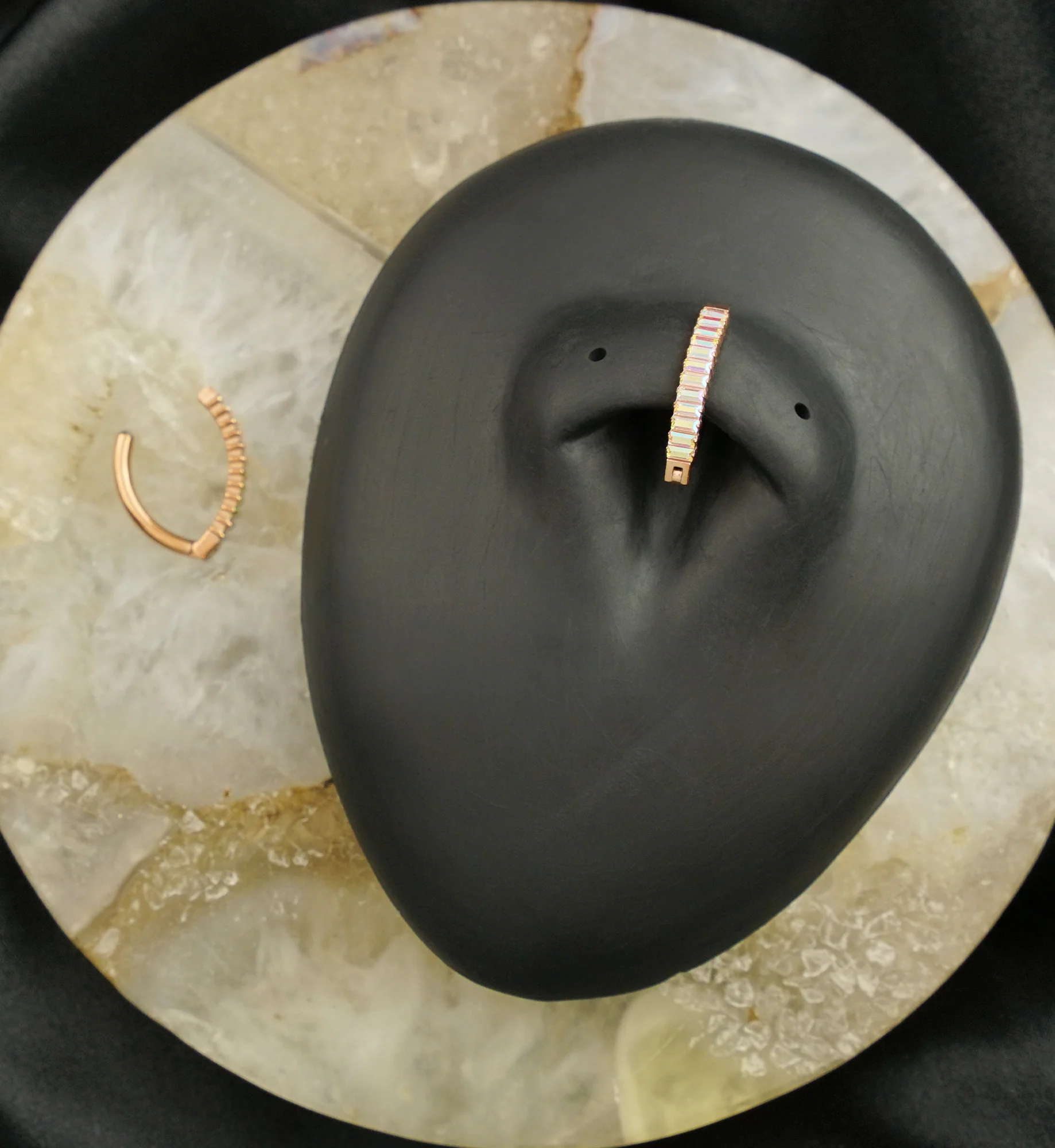 Rose Gold PVD Baguette Rainbow Aurora CZ Row Titanium Hinged Belly Button Ring - Image 2