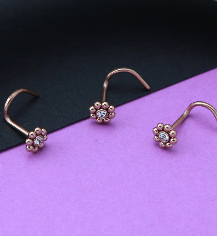 Rose Gold PVD Beaded Flower CZ Nose Screw Ring - Image 2