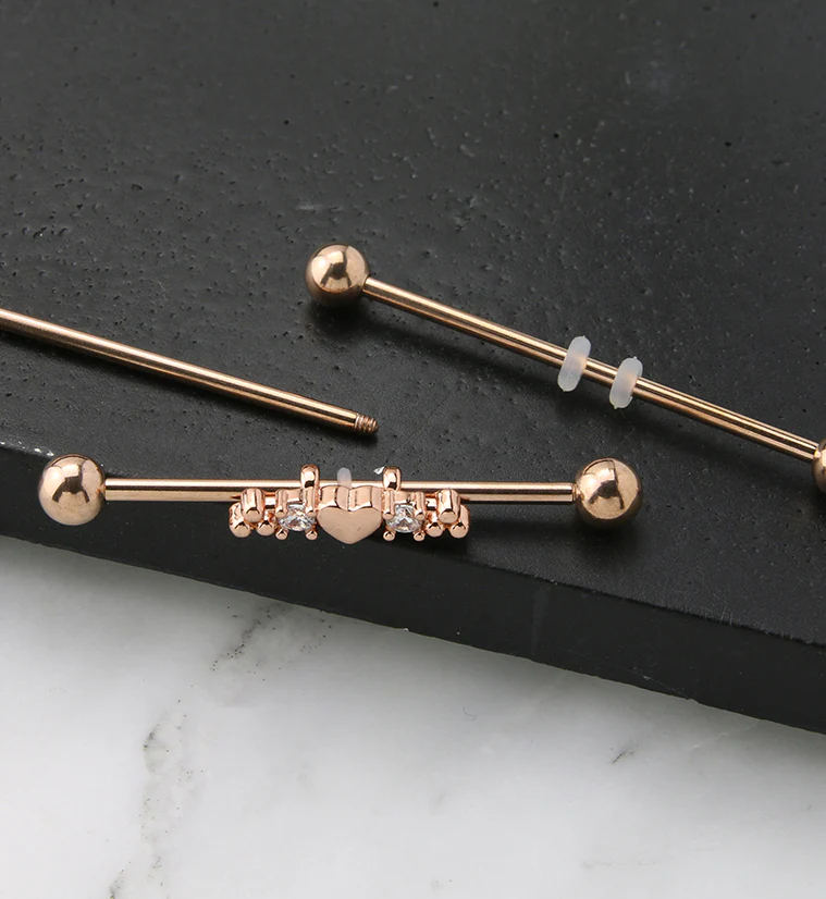 Rose Gold PVD Beaded Heart CZ Industrial Barbell - Image 2