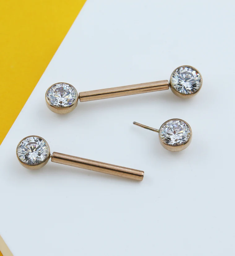 Rose Gold PVD Bezel Clear CZ Threadless Titanium Nipple Barbells - Image 2