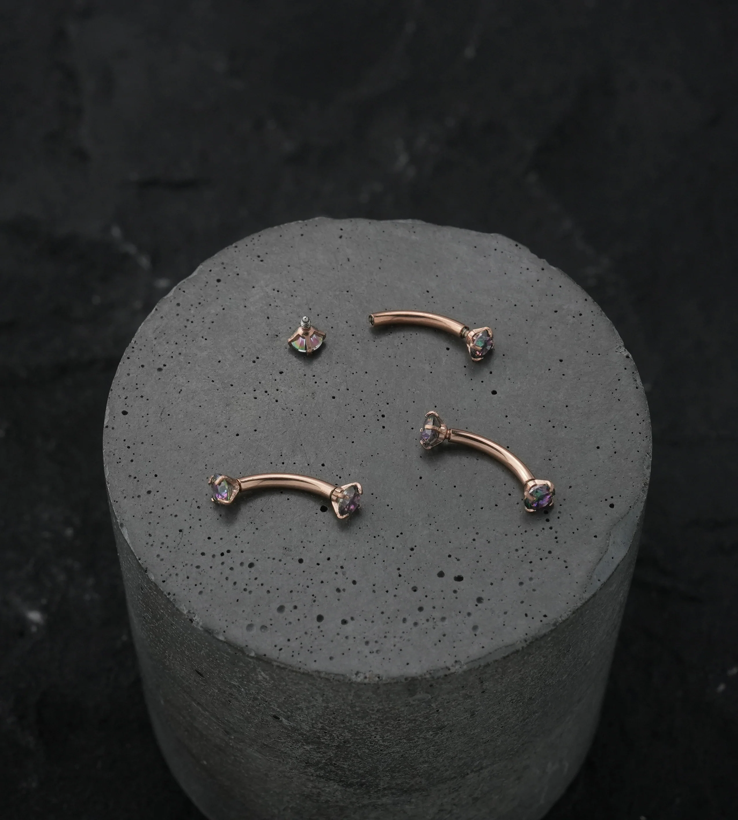 Rose Gold PVD Black Aurora CZ Prong Set Stainless Steel Curved Barbell - Image 2