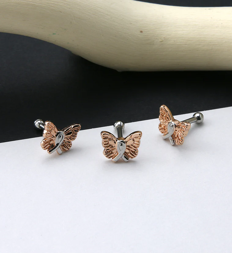 Rose Gold PVD Butterfly Breast Cancer Ribbon Cartilage Barbell - Image 2