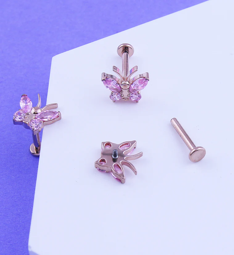 Rose Gold PVD Butterfly Pink CZ Titanium Internally Threaded Labret - Image 2