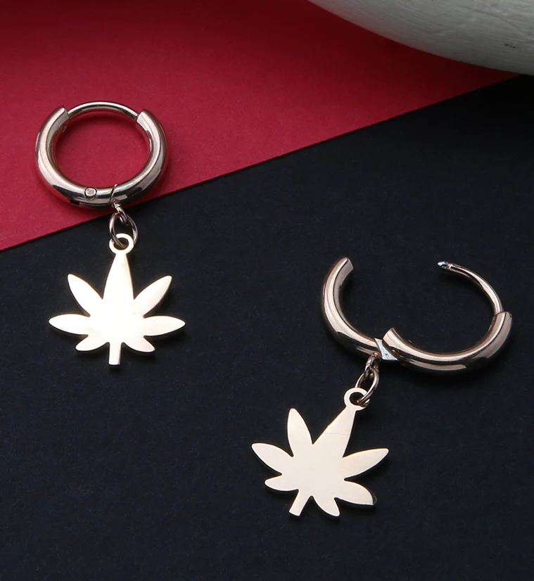 Rose Gold PVD Cannabis Stainless Steel Hinged Earrings - Image 2