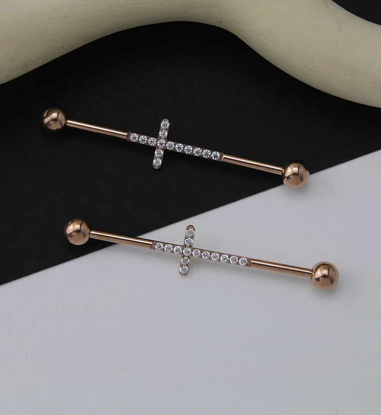 Rose Gold PVD Center CZ Cross Titanium Industrial Barbell - Image 2