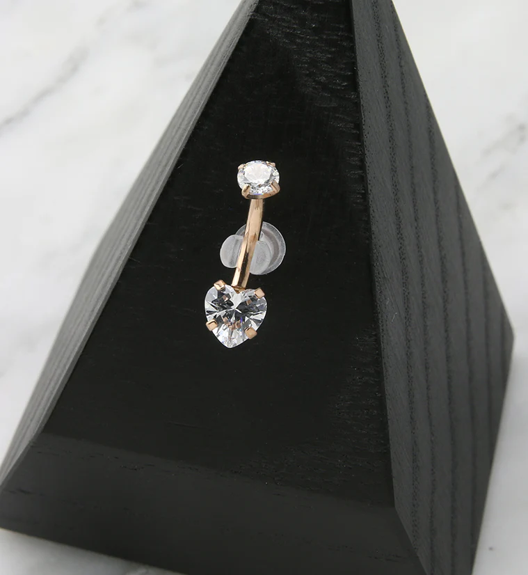 Rose Gold PVD Clear Heart CZ Internally Threaded Titanium Belly Button Ring - Image 2