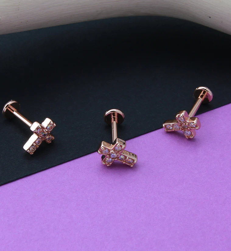 Rose Gold PVD Cross Aura CZ Gem Labret Post - Image 2