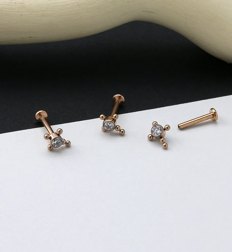 Rose Gold PVD Cross Centered Clear CZ Titanium Labret - Image 2