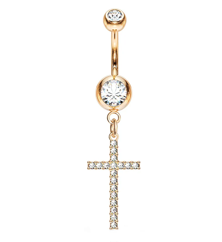 Rose Gold PVD Cross CZ Belly Button Ring