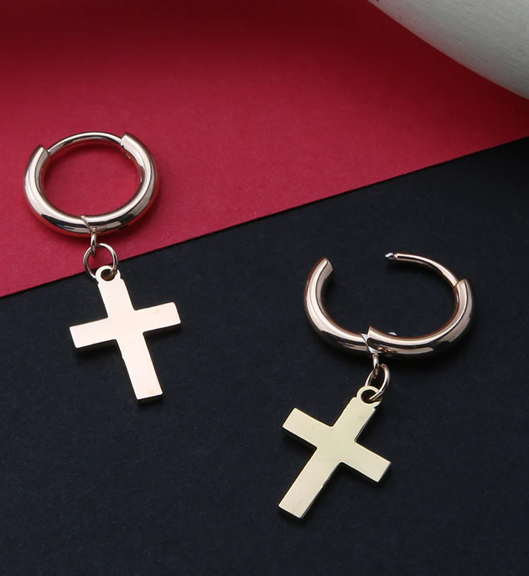 Rose Gold PVD Cross Stainless Steel Hinged Earrings - Image 2