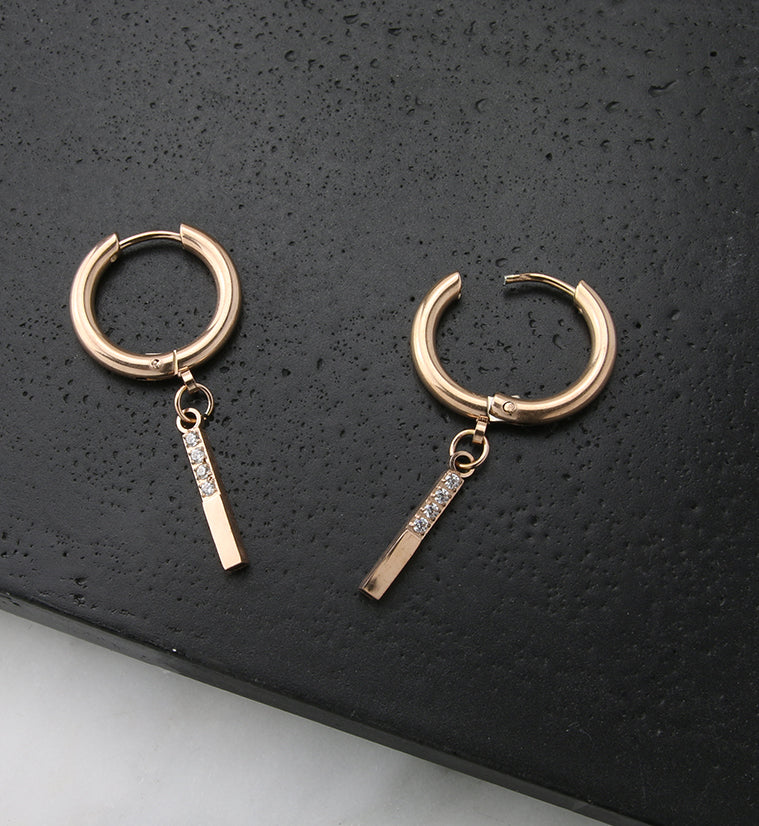 Rose Gold PVD Dangle Bar CZ Stainless Steel Hinged Earrings - Image 2