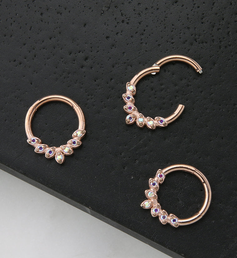Rose Gold PVD Frill Rainbow Aurora CZ Hinged Segment Ring - Image 2
