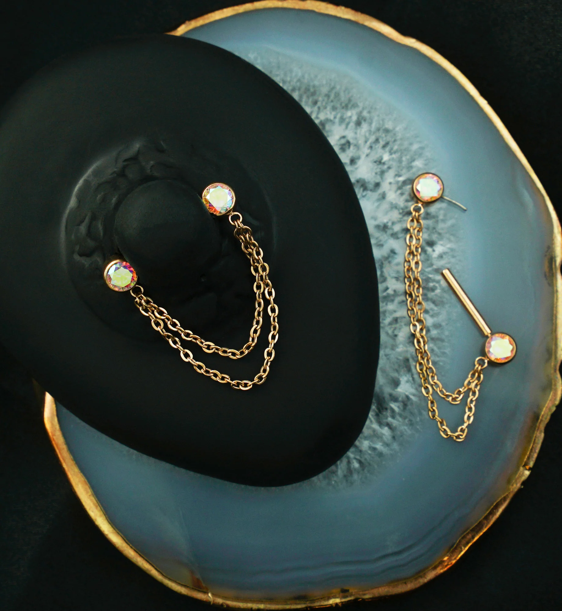 Rose Gold PVD Front Facing Rainbow Aurora CZ Double Dangle Threadless Titanium Nipple Barbell - Image 2