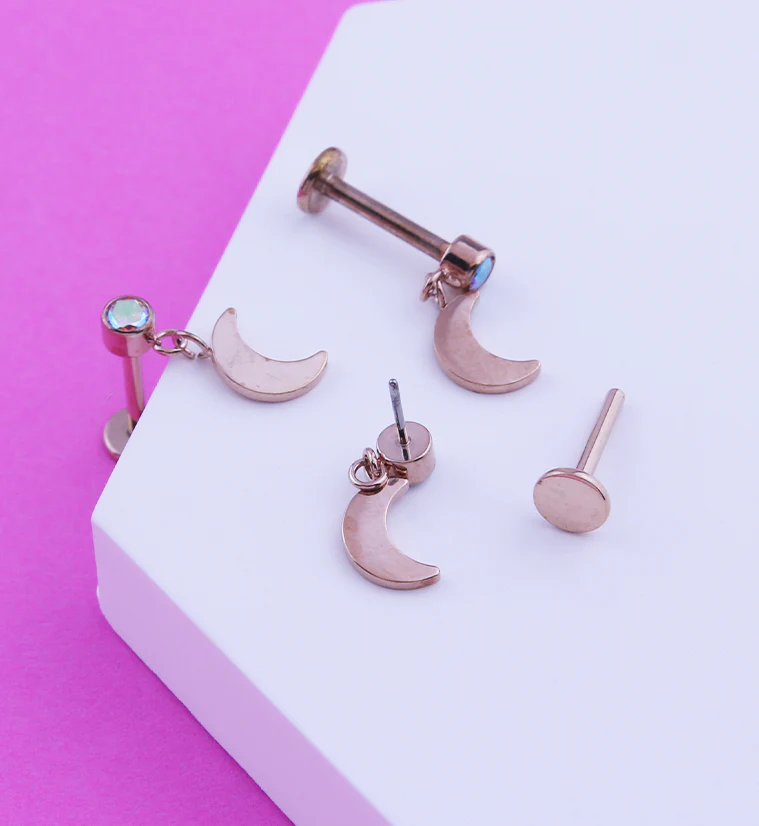 Rose Gold PVD Half Moon Dangle Rainbow Aurora CZ Titanium Threadless Labret - Image 2