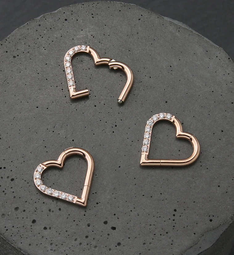 Rose Gold PVD Heart Half CZ Titanium Hinged Segment Ring - Image 2