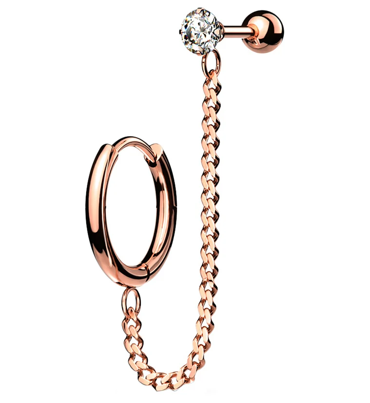 Rose Gold PVD Linked Hinged Hoop Ring & CZ Cartilage Barbell