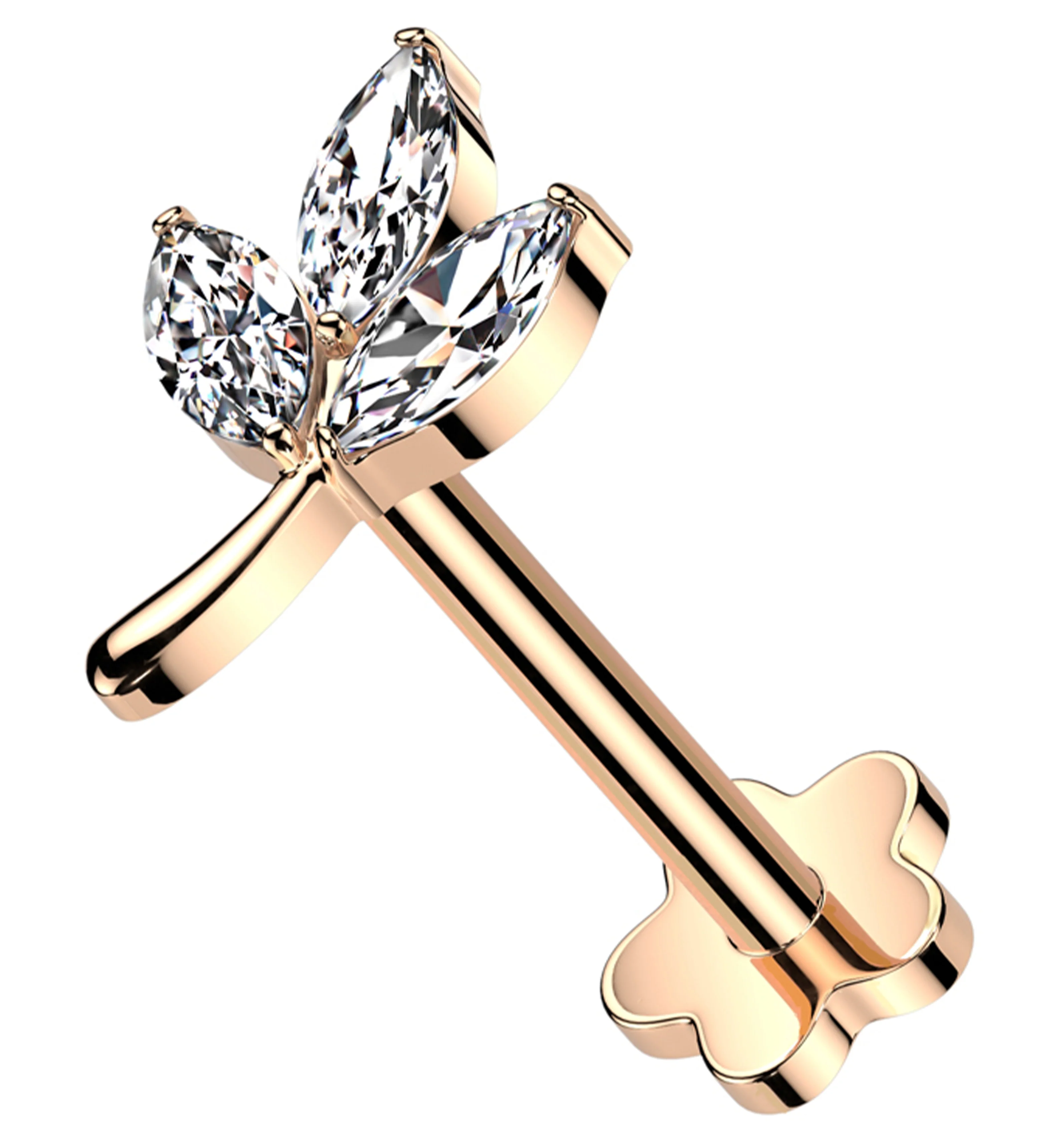 Rose Gold PVD Marquise Leaf Clear CZ Flower Back Titanium Threadless Labret