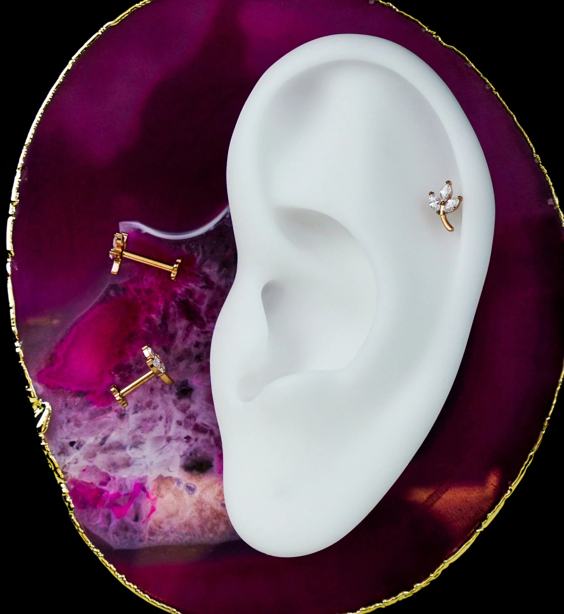 Rose Gold PVD Marquise Leaf Clear CZ Flower Back Titanium Threadless Labret - Image 2